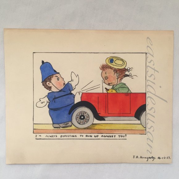 Vintage Other - 1930s Original Signed Watercolor w Cop Sports Car